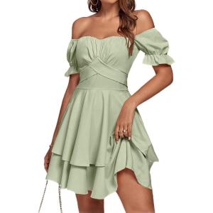 imageLYANER Womens Tie Back Off Shoulder Wrap Layer Ruffle Short Sleeve Mini DressSolid Light Green
