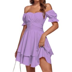 imageLYANER Womens Tie Back Off Shoulder Wrap Layer Ruffle Short Sleeve Mini DressSolid Light Purple