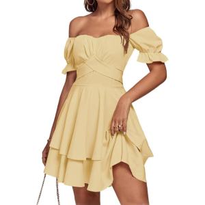 imageLYANER Womens Tie Back Off Shoulder Wrap Layer Ruffle Short Sleeve Mini DressSolid Light Yellow