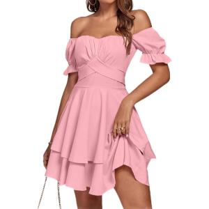 imageLYANER Womens Tie Back Off Shoulder Wrap Layer Ruffle Short Sleeve Mini DressSolid Pink