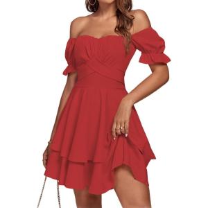 imageLYANER Womens Tie Back Off Shoulder Wrap Layer Ruffle Short Sleeve Mini DressSolid Red