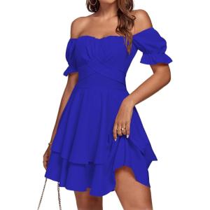 imageLYANER Womens Tie Back Off Shoulder Wrap Layer Ruffle Short Sleeve Mini DressSolid Royal Blue