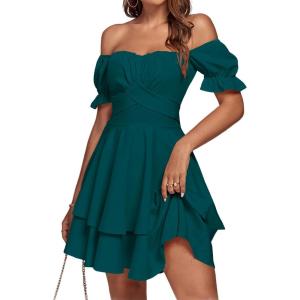 imageLYANER Womens Tie Back Off Shoulder Wrap Layer Ruffle Short Sleeve Mini DressSolid Teal Blue