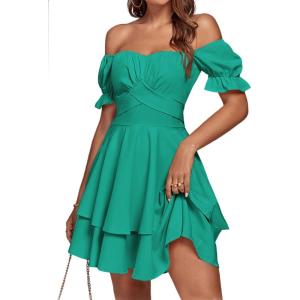 imageLYANER Womens Tie Back Off Shoulder Wrap Layer Ruffle Short Sleeve Mini DressSolid Turquoise