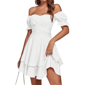 imageLYANER Womens Tie Back Off Shoulder Wrap Layer Ruffle Short Sleeve Mini DressSolid White