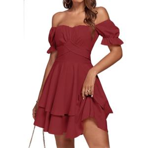 imageLYANER Womens Tie Back Off Shoulder Wrap Layer Ruffle Short Sleeve Mini DressSolid Wine Red