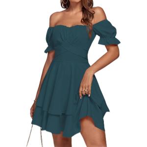 imageLYANER Womens Tie Back Off Shoulder Wrap Layer Ruffle Short Sleeve Mini DressTeal Blue