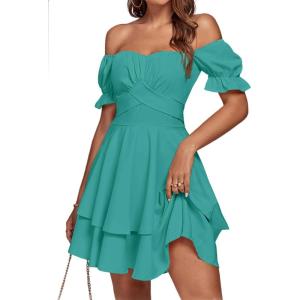imageLYANER Womens Tie Back Off Shoulder Wrap Layer Ruffle Short Sleeve Mini DressTurquoise