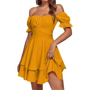 imageLYANER Womens Tie Back Off Shoulder Wrap Layer Ruffle Short Sleeve Mini DressYellow