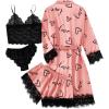 imageLYANER Womens 4pcs Sleepwear Satin Floral Lace Trim Cami Pajama Set with RobeCoral Pink Print