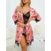 imageLYANER Womens 4pcs Sleepwear Satin Floral Lace Trim Cami Pajama Set with RobeCoral Pink Print