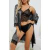 imageLYANER Womens 4pcs Sleepwear Satin Floral Lace Trim Cami Pajama Set with RobeDark Grey