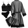 imageLYANER Womens 4pcs Sleepwear Satin Floral Lace Trim Cami Pajama Set with RobeDark Grey