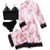 imageLYANER Womens 4pcs Sleepwear Satin Floral Lace Trim Cami Pajama Set with RobeLight Pink Print
