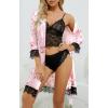 imageLYANER Womens 4pcs Sleepwear Satin Floral Lace Trim Cami Pajama Set with RobeLight Pink Print