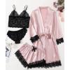 imageLYANER Womens 4pcs Sleepwear Satin Floral Lace Trim Cami Pajama Set with RobePink