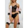 imageLYANER Womens 4pcs Sleepwear Satin Floral Lace Trim Cami Pajama Set with RobePink