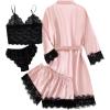 imageLYANER Womens 4pcs Sleepwear Satin Floral Lace Trim Cami Pajama Set with RobePink