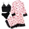 imageLYANER Womens 4pcs Sleepwear Satin Floral Lace Trim Cami Pajama Set with RobePink Red Print