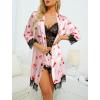 imageLYANER Womens 4pcs Sleepwear Satin Floral Lace Trim Cami Pajama Set with RobePink Red Print
