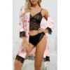 imageLYANER Womens 4pcs Sleepwear Satin Floral Lace Trim Cami Pajama Set with RobePink Red Print