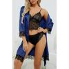 imageLYANER Womens 4pcs Sleepwear Satin Floral Lace Trim Cami Pajama Set with RobePure Dark Navy Blue