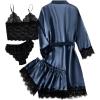 imageLYANER Womens 4pcs Sleepwear Satin Floral Lace Trim Cami Pajama Set with RobePure Navy Blue