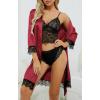 imageLYANER Womens 4pcs Sleepwear Satin Floral Lace Trim Cami Pajama Set with RobePure Wine Red