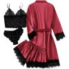 imageLYANER Womens 4pcs Sleepwear Satin Floral Lace Trim Cami Pajama Set with RobePure Wine Red