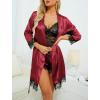 imageLYANER Womens 4pcs Sleepwear Satin Floral Lace Trim Cami Pajama Set with RobePure Wine Red