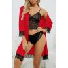 imageLYANER Womens 4pcs Sleepwear Satin Floral Lace Trim Cami Pajama Set with RobeRed