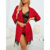 imageLYANER Womens 4pcs Sleepwear Satin Floral Lace Trim Cami Pajama Set with RobeRed