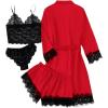 imageLYANER Womens 4pcs Sleepwear Satin Floral Lace Trim Cami Pajama Set with RobeRed