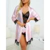 imageLYANER Womens 4pcs Sleepwear Satin Floral Lace Trim Cami Pajama Set with RobeWhite Pink Stripe