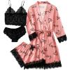 imageLYANER Womens 4pcs Sleepwear Satin Floral Lace Trim Cami Pajama Set with RobeCoral Pink Print