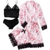 imageLYANER Womens 4pcs Sleepwear Satin Floral Lace Trim Cami Pajama Set with RobeLight Pink Print