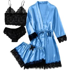 imageLYANER Womens 4pcs Sleepwear Satin Floral Lace Trim Cami Pajama Set with RobeBright Blue