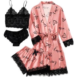imageLYANER Womens 4pcs Sleepwear Satin Floral Lace Trim Cami Pajama Set with RobeCoral Pink Print