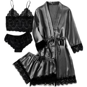 imageLYANER Womens 4pcs Sleepwear Satin Floral Lace Trim Cami Pajama Set with RobeDark Grey