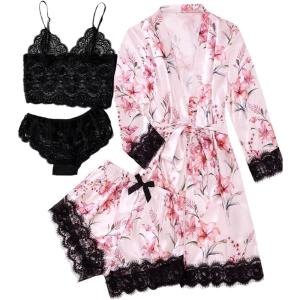 imageLYANER Womens 4pcs Sleepwear Satin Floral Lace Trim Cami Pajama Set with RobeLight Pink Print