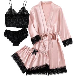 imageLYANER Womens 4pcs Sleepwear Satin Floral Lace Trim Cami Pajama Set with RobePink