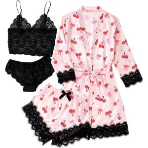 imageLYANER Womens 4pcs Sleepwear Satin Floral Lace Trim Cami Pajama Set with RobePink Red Print