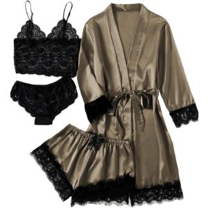 imageLYANER Womens 4pcs Sleepwear Satin Floral Lace Trim Cami Pajama Set with RobePure Army Green