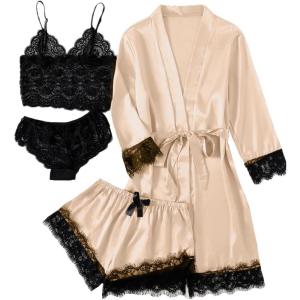 imageLYANER Womens 4pcs Sleepwear Satin Floral Lace Trim Cami Pajama Set with RobePure Champagne