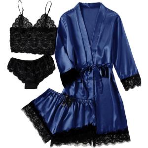 imageLYANER Womens 4pcs Sleepwear Satin Floral Lace Trim Cami Pajama Set with RobePure Dark Navy Blue