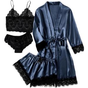 imageLYANER Womens 4pcs Sleepwear Satin Floral Lace Trim Cami Pajama Set with RobePure Navy Blue