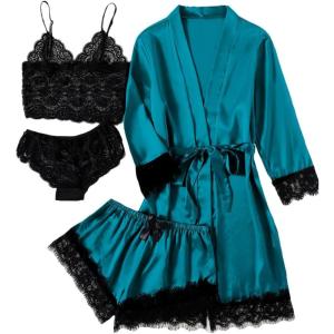 imageLYANER Womens 4pcs Sleepwear Satin Floral Lace Trim Cami Pajama Set with RobePure Teal Blue