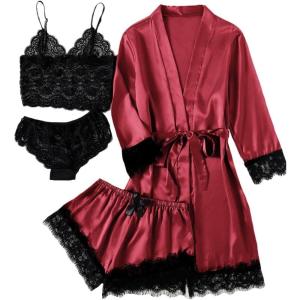 imageLYANER Womens 4pcs Sleepwear Satin Floral Lace Trim Cami Pajama Set with RobePure Wine Red