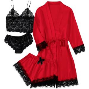 imageLYANER Womens 4pcs Sleepwear Satin Floral Lace Trim Cami Pajama Set with RobeRed