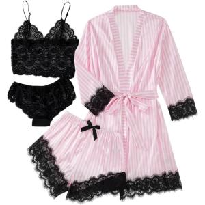 imageLYANER Womens 4pcs Sleepwear Satin Floral Lace Trim Cami Pajama Set with RobeWhite Pink Stripe